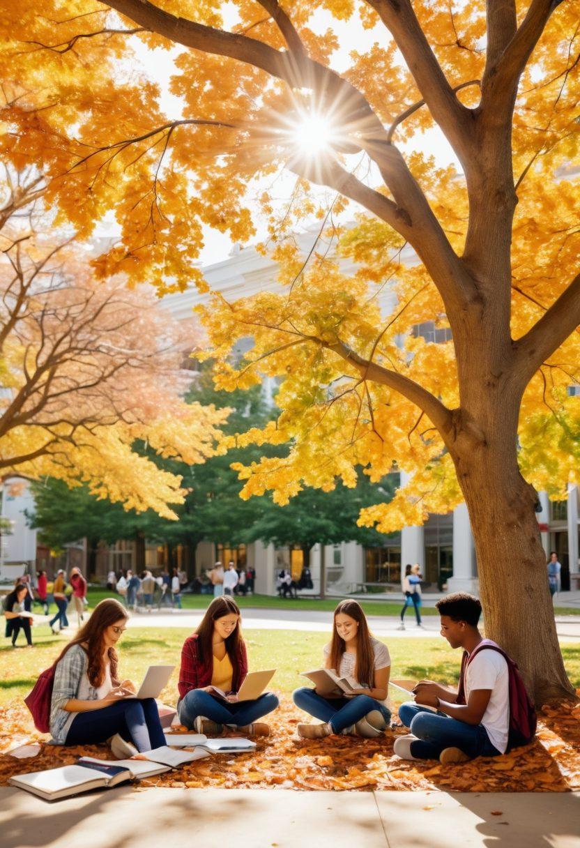 A vibrant college campus scene showcasing a diverse group of freshmen engaging in various activities like studying, socializing under a tree, and participating in a workshop. Include books, laptops, and motivational posters in the background to symbolize essential resources for student success. Bright sunlight filters through the leaves creating a warm, inviting atmosphere. super-realistic. vibrant colors. white background.