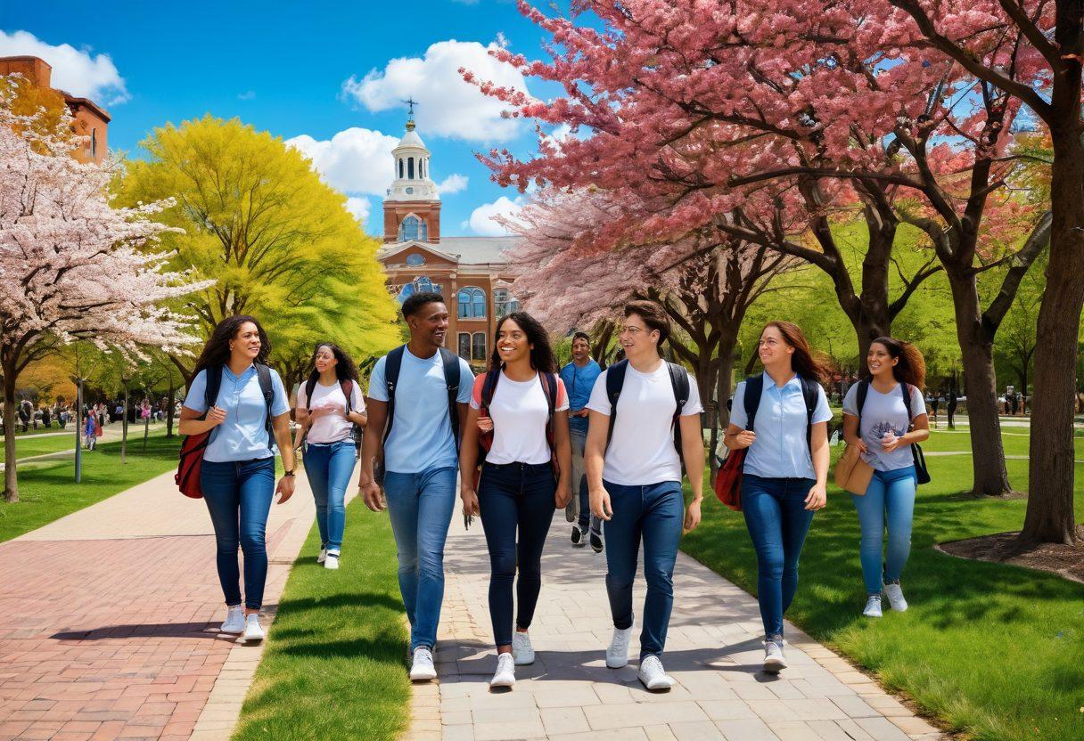 A diverse group of enthusiastic students with backpacks, smiling and walking together on a vibrant campus pathway filled with blooming trees and benches. In the background, the iconic buildings of a college and a bright blue sky showcasing fluffy clouds. Elements of confidence and camaraderie reflected in their body language as they engage in lively conversation. super-realistic. vibrant colors. 3D.