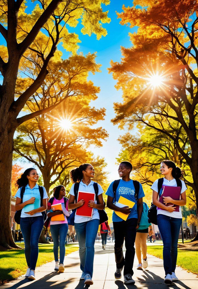 A vibrant college campus scene depicting diverse freshmen walking joyfully between classes, carrying books and backpacks, with trees and colorful banners in the background. A bright sun shines overhead, symbolizing hope and new beginnings, while a motivational quote floats gently in the sky. Illustrate a sense of community and enthusiasm for learning. super-realistic. vibrant colors. sunny atmosphere.